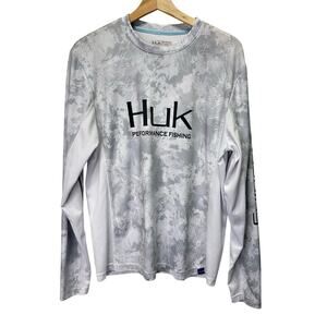 Huk Performace Fabrics Gray and White Camo Long Sleeve Fishing Shirt Mens Small